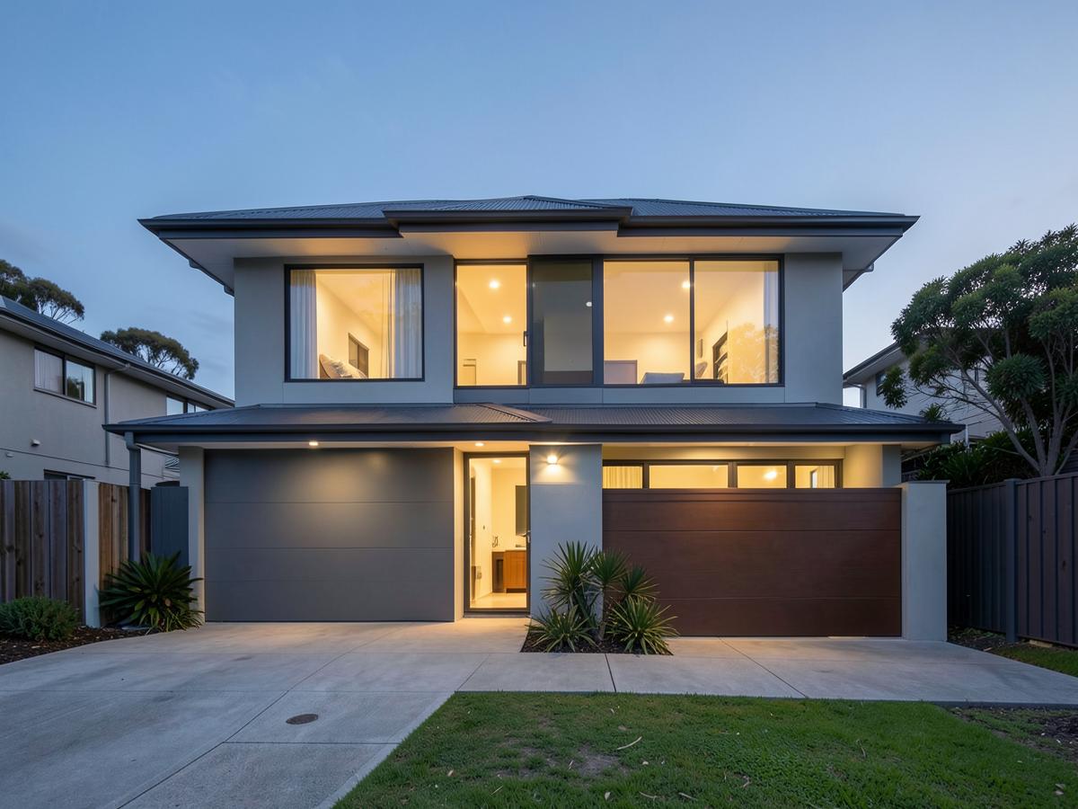 Modern New Zealand home at dusk with warm interior lighting