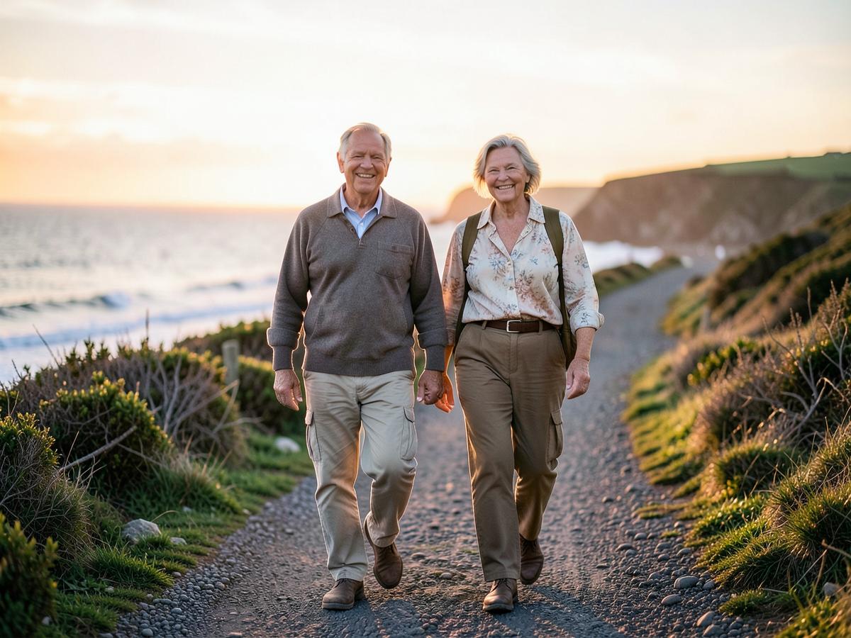 Retired couple walking on a coastal path at sunset